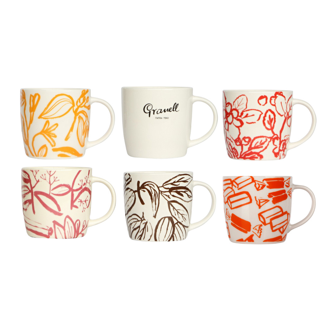 Set of 6 Illustrated Mug Cups